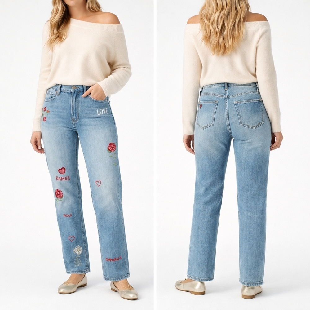 Driftwood Love Notes Jordie Straight Leg Embroidered Jeans Boho Size 16 J1816